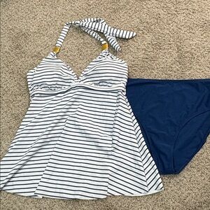 Striped Halter Swim Dress with Navy Bottoms